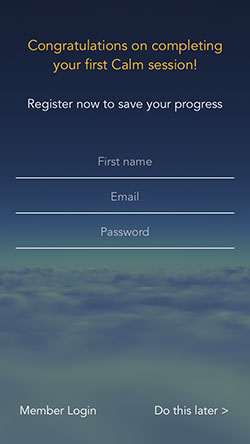 Calm’s registration form is the last step in the user journey